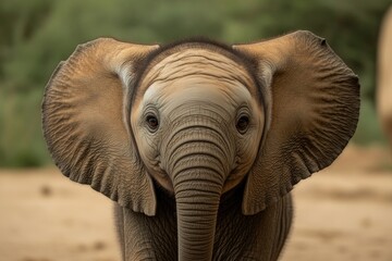 Adorable baby elephant gazes curiously, showcasing its large ear