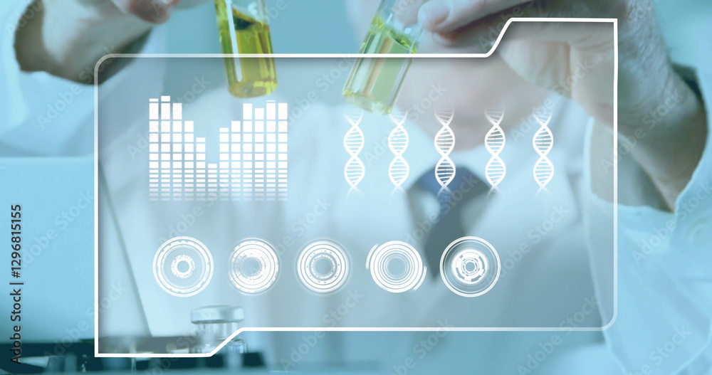 Wall mural image of interface processing data and dna over caucasian male scientist working at laboratory