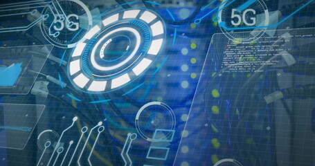 Image of 5g text and digital data processing over computer server