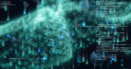 Image of binary coding and digital data processing over black background