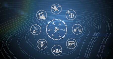 Image of circular scanners and business and network icons processing over contours on dark blue