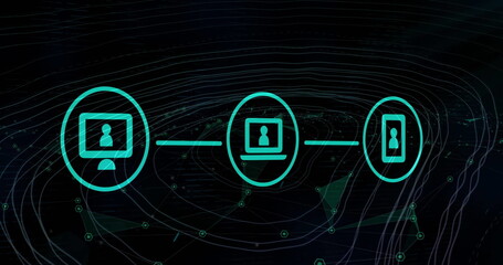 Image of communication media network over contours and connections on black background