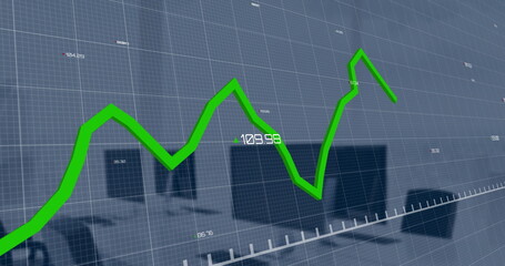 Image of green graph processing data over computers on desks at office