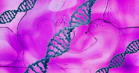 Image of blue dna strands rotating on pink liquid moving over tiles
