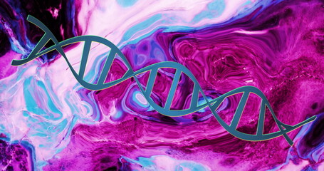 Image of blue dna strand rotating over moving pink and blue liquid