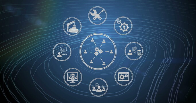 Image of circular scanners and business and network icons processing over contours on dark blue