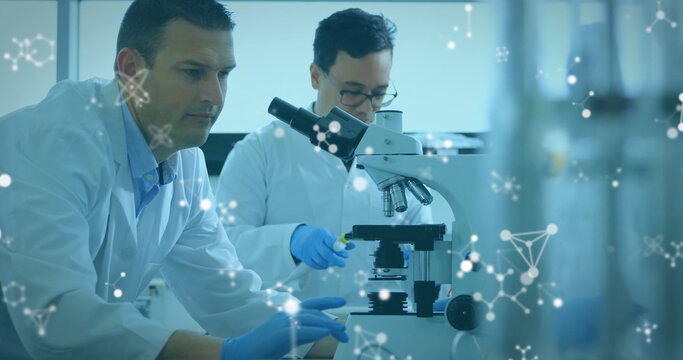 Image of molecules and connections over diverse male scientists using microscope at laboratory