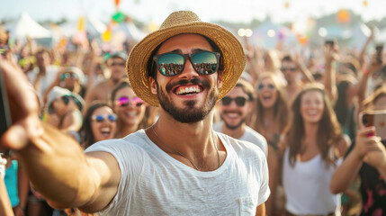 Obraz premium Summer concert festival. Smiling man in sunglasses enjoying a lively outdoor festival crowd.