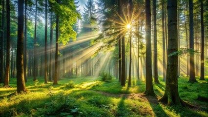 Fototapeta premium forest landscape with sunlight filtering through trees, forest, sunlight, forest, sunlight, peaceful, water, outdoors , tree