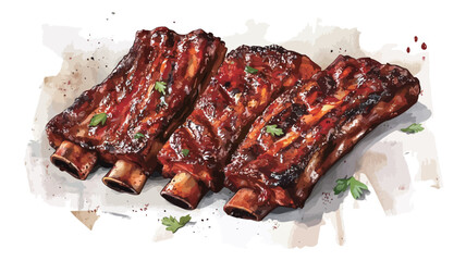 Close-up, high-angle photograph of three grilled pork ribs. The ribs are dark reddish-brown, glistening, and appear tender and juicy. They are arranged on a crumpled white surface, which suggests