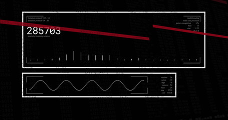Image of red lines over numeric data and charts processing on black background