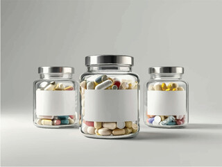 suppliments,3d suppliments bottle,realistic suppliments, transparent suppliment bootlles, tablets, nature,flowers,multiple bottles,medicine,without label,glass jar multi color,capsules,