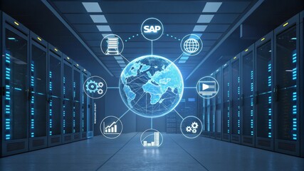 A futuristic server room with a digital globe and various icons representing data management and global connectivity.