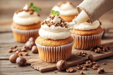 Delicious Cupcake Topped with Cream and Chocolate Sprinkles