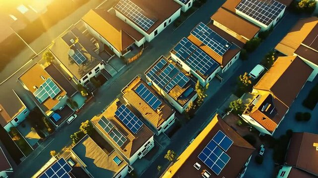 Aerial view of a residential house with photovoltaic solar panels. 4k video