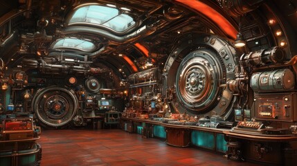 Steampunk interior, futuristic workshop with intricate machinery and copper details.