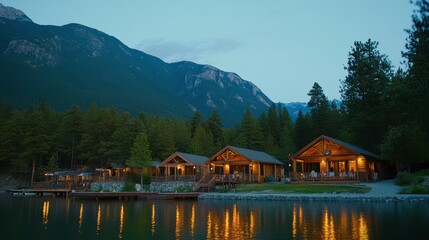 Naklejka premium Enchanting Twilight at Rustic Lakeside Cabins