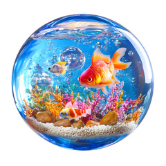 Round Aquarium with Underwater Plants and Colorful Fish in Crystal Clear Glass Bowl