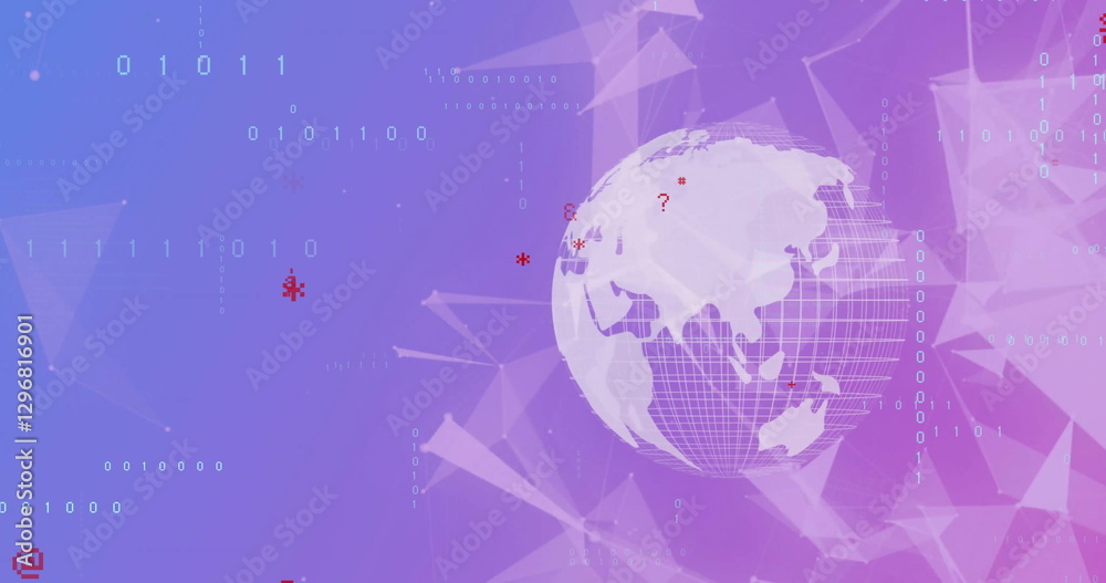 Poster image of data processing with network of connections over globe on purple background