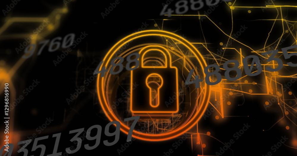 Poster image of data processing over padlock icon with network of connections on black background