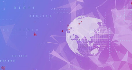 Image of data processing with network of connections over globe on purple background