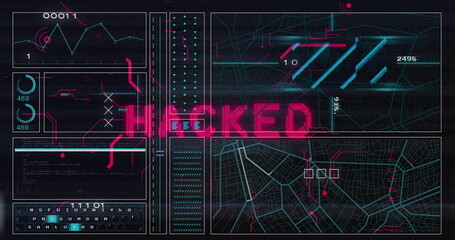 Image of hacked text and data processing on black background