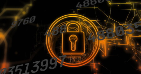 Image of data processing over padlock icon with network of connections on black background