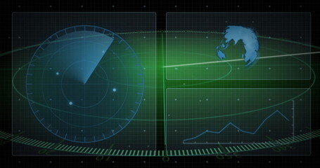 Image of scope scanning with data processing and globe on black background