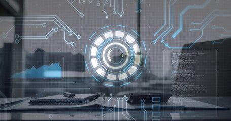 Image of financial data processing with scope scanning over empty room in office