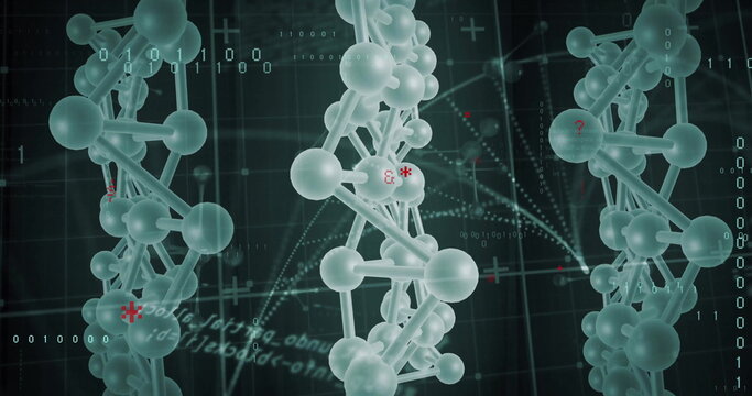 Image of data processing with molecules over dna strand on black background