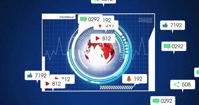 Image of icons and data processing with globe over screen - Powered by Adobe