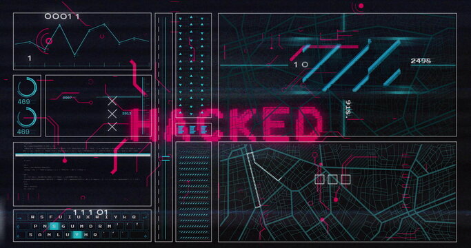 Image of hacked text and data processing on black background