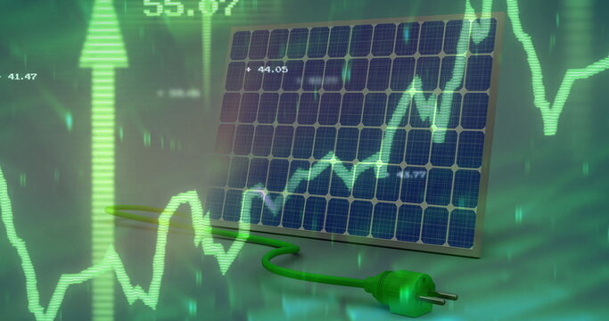 Image of diagrams and solar panels over data processing