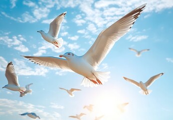 Obraz premium Magnificent Seagulls Soaring Gracefully in Clear Blue Sky with Soft Clouds and Warm Sunlight Illuminating Their Feathers During a Vibrant Day