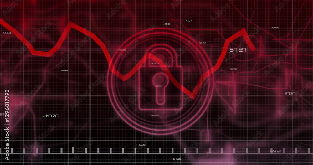 Poster image of padlock and data processing over grid on dark background