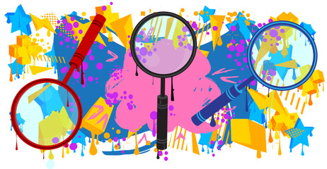 Obraz premium Magnifying Glass graffiti. Abstract modern street art decoration performed in urban painting style.
