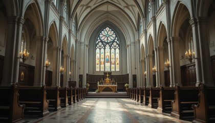 Obraz premium Gothic Church Interior Stunning Stained Glass Windows Wooden Pews, Sunlight Streaming - Easter Services, Religious Events, Spiritual Gatherings