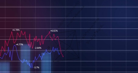 Image of financial data processing over grid on dark background