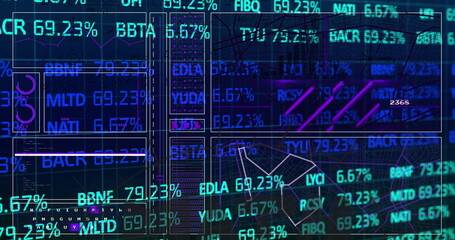 Image of financial data processing over grid on dark background
