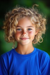 Smiling caucasian child with curly blonde hair wearing blue shirt outdoors.