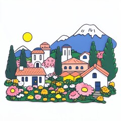 Fototapeta premium Charming Village Landscape with Colorful Flowers and Majestic Mountains Under a Bright Sun