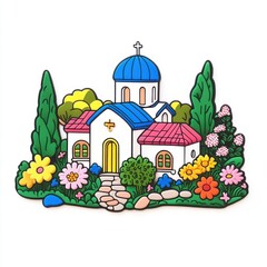 Fototapeta premium Colorful and Charming Illustration of a Greek Church Surrounded by Lush Greenery and Bright Flowers