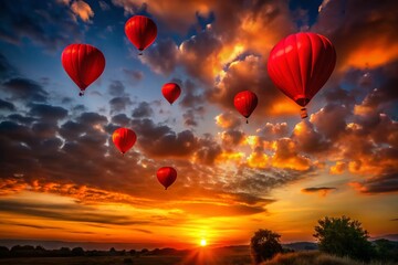 Naklejka premium Silhouetted Red Balloons Ascending at Sunset - Dramatic Stock Photo