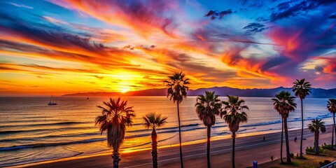 Obraz premium Silhouetted Palm Trees at Sunset Over Santa Monica Bay