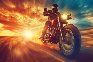 Naklejka premium Dynamic Motorcycle Rider Speeding Through Vibrant Sunset Scene