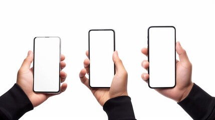 three modern smartphones held by hands with blank white screens against minimal background copyspace concept of technology communication advertising