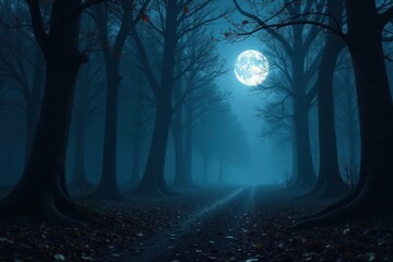 A Mystical Forest Path Under a Full Moon's Enchanting Glow at Night