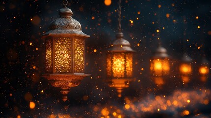 Glowing lanterns hanging against a dark, bokeh background.
