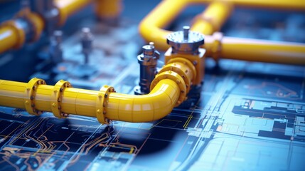 3d rendering of a yellow water pipe with flowing water on a construction blueprint background