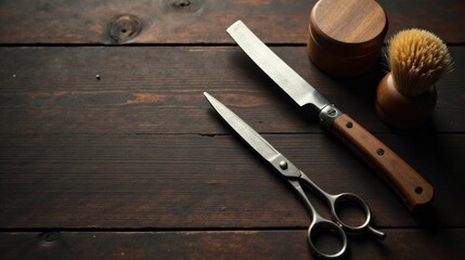 Dark Wood Surface Showing Barber Tools Straight Razor, Scissors, and Shaving Brush